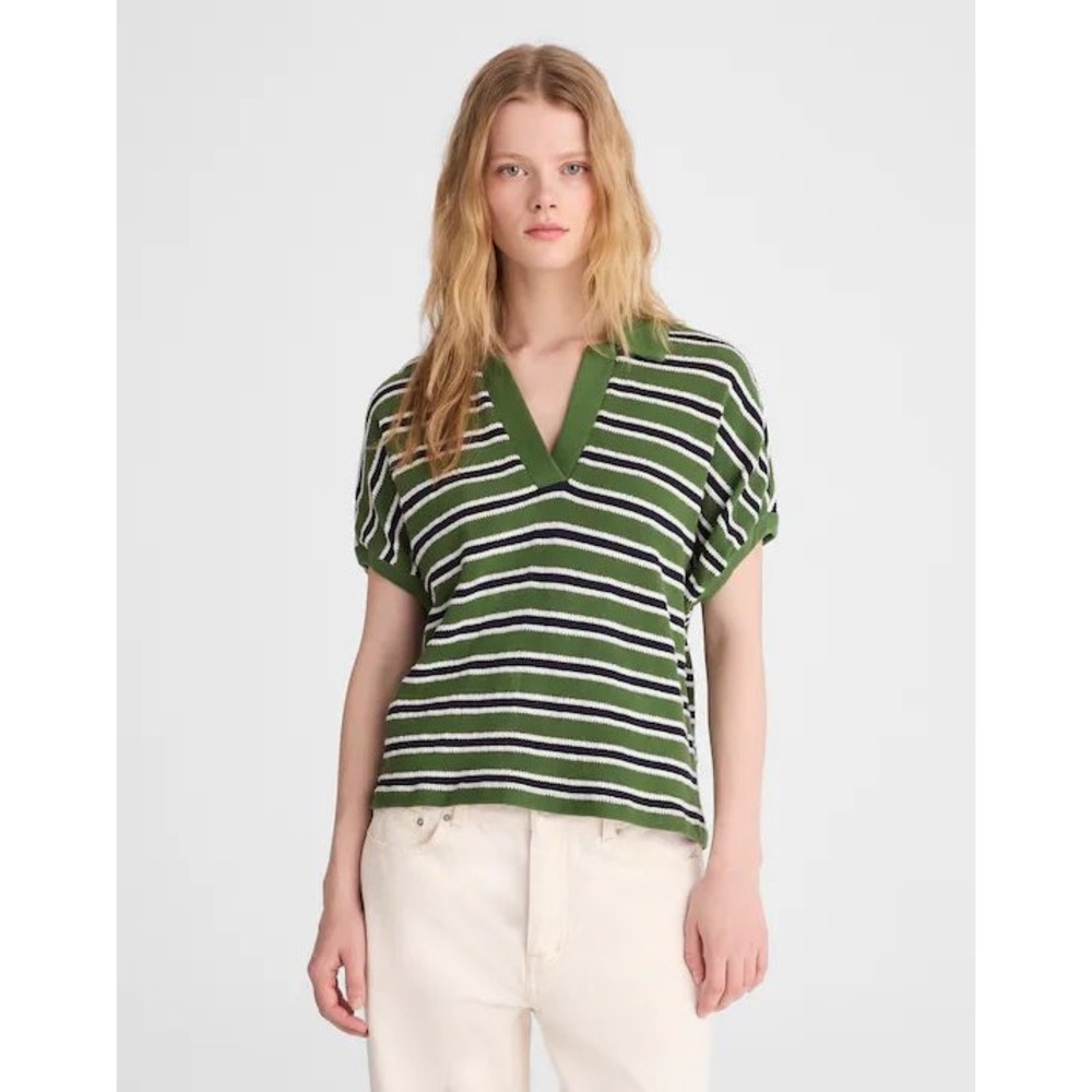 Madewell Relaxed V-Neck Polo Shirt in Stripe Maumau Garden Green NR366 Small